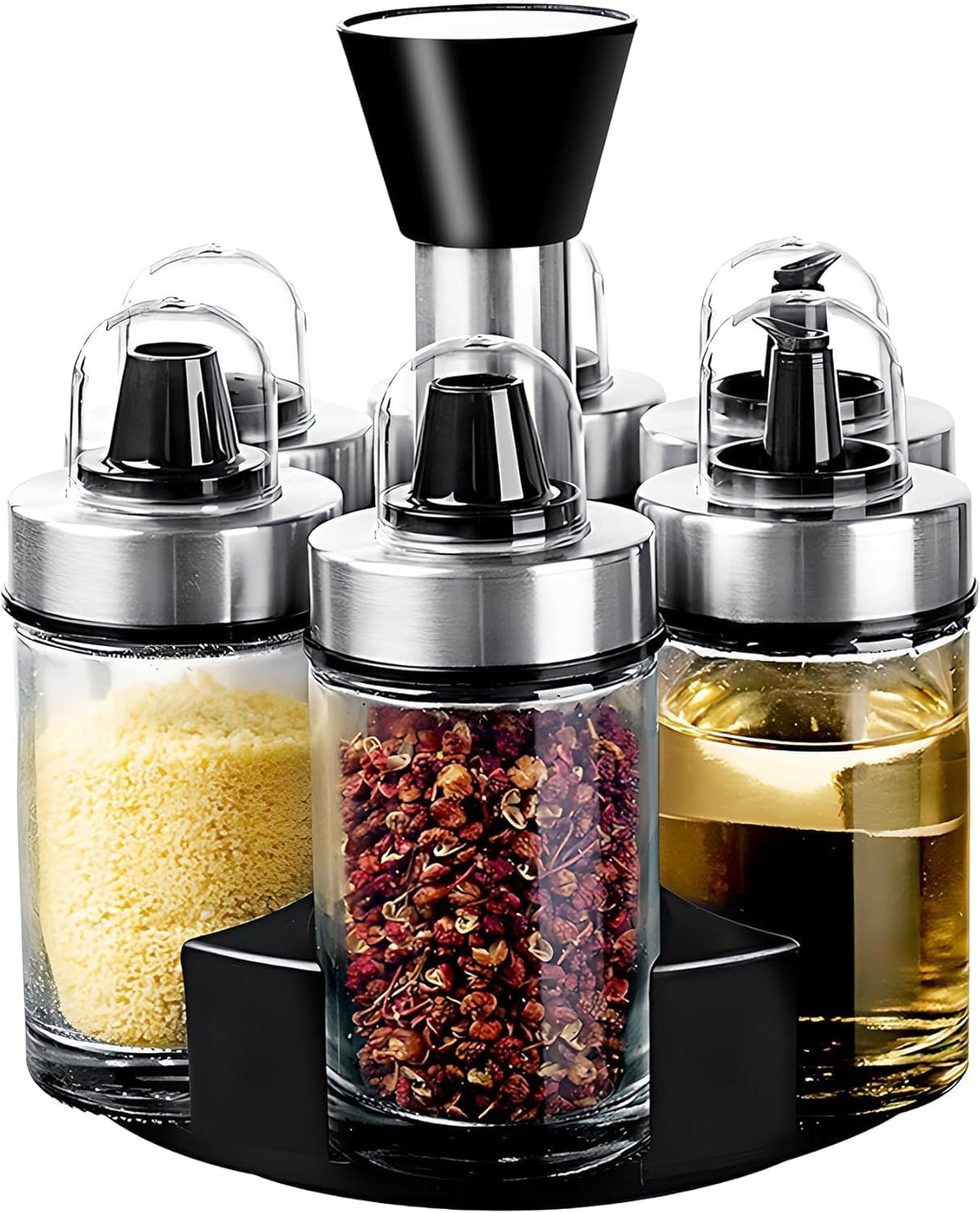Mlici Oil and Vinegar Dispenser Set of 6 Bottles, Stainless Steel Salt Pepper Holder with 360°