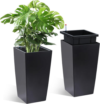 16" Tall Planters Set of 2, Outdoor＆Indoor Black Planter Pots, High Front Porch Planter Pots with