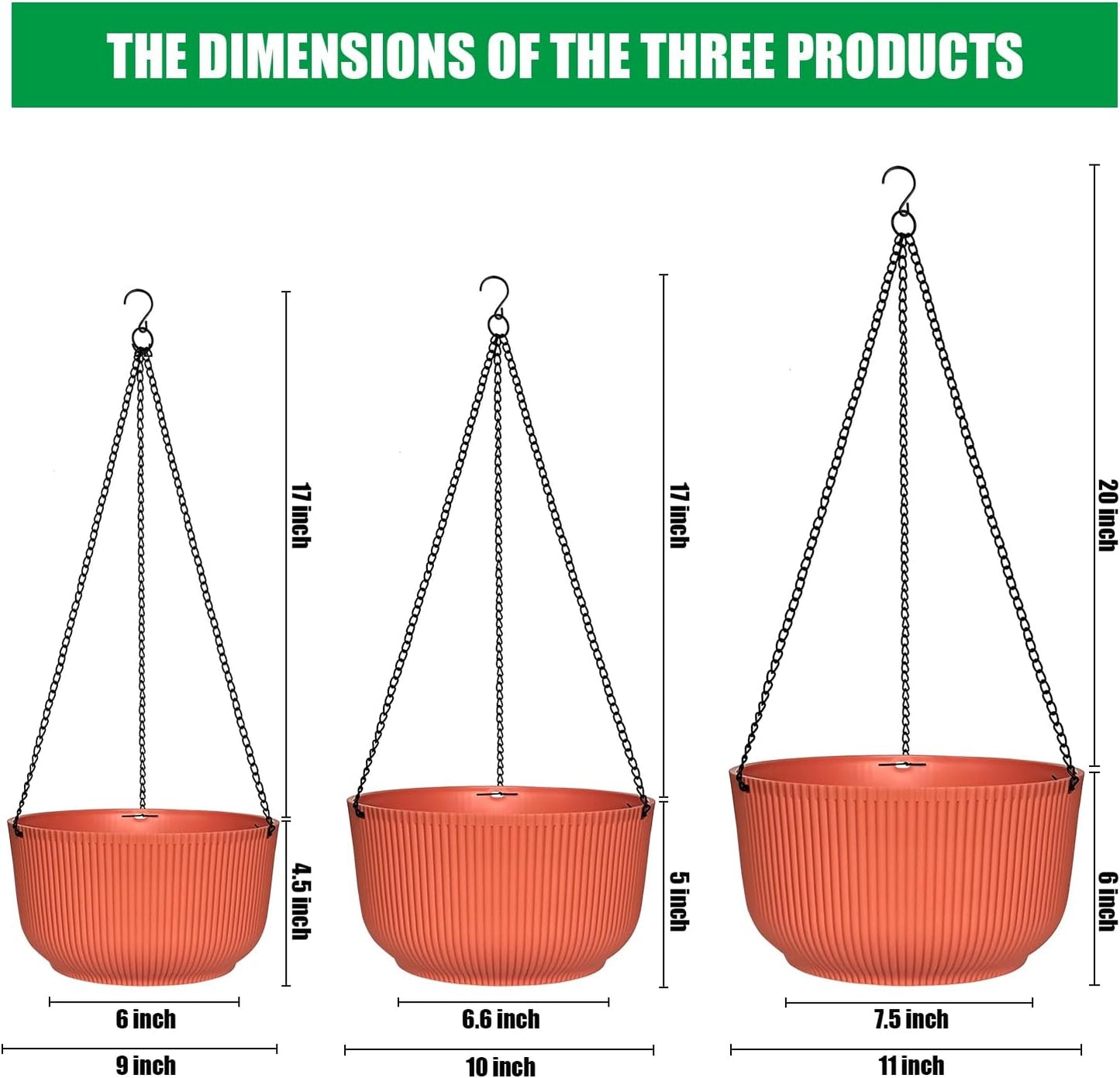 Hanging Planters 9/10/11 Inch for Indoor Plants, 3 Pack Plant Hanger Outdoor with Drainage Holes