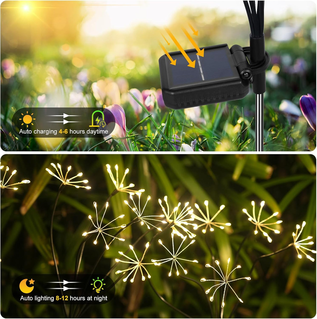 Solar Garden Lights 2 Pack Twinkling Solar Firework Lights with 2 Modes 120LED, Solar-Powered Light