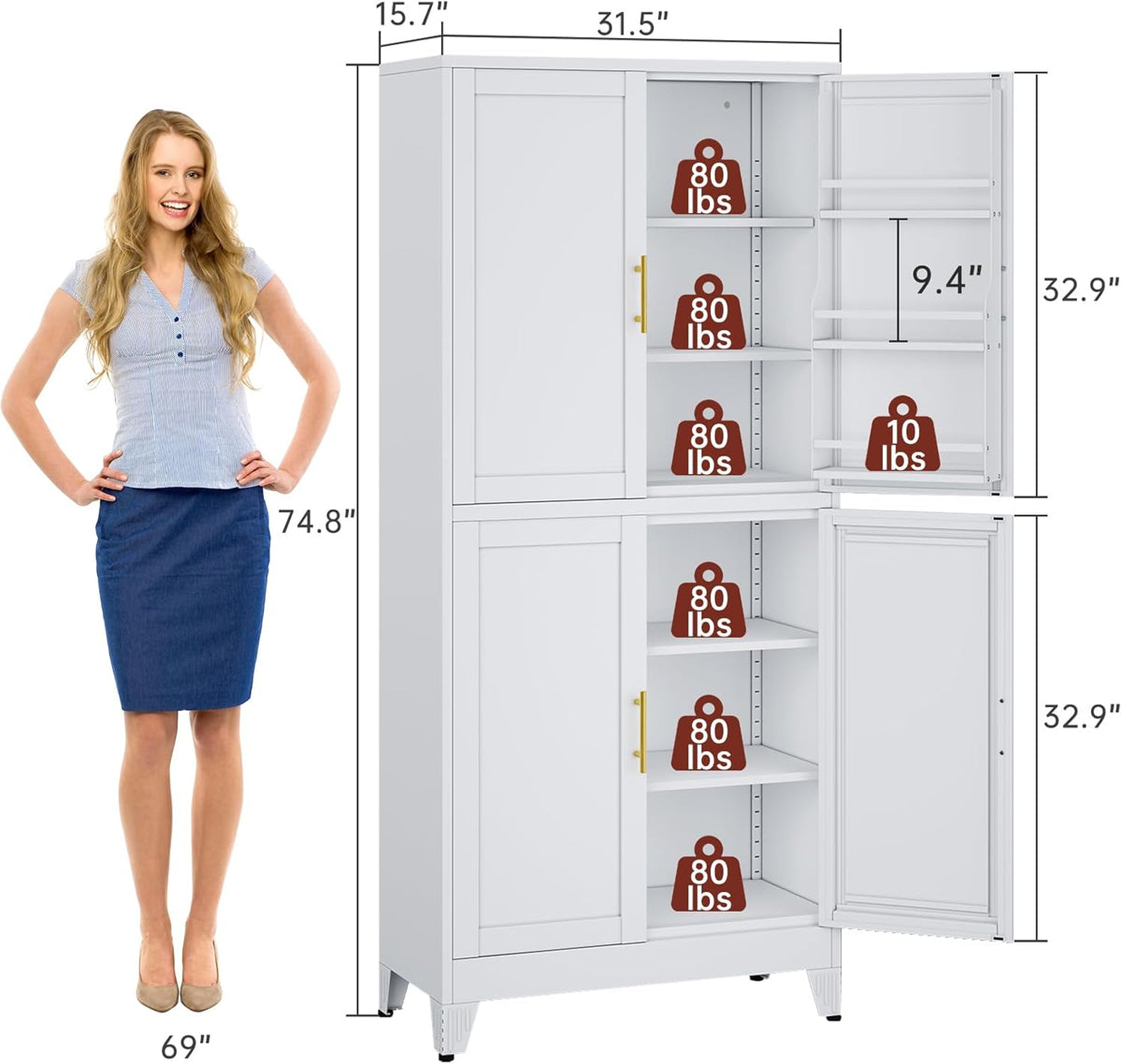 75" H Metal Storage Cabinet, Pantry with 6 Door Shelves and 4 Adjustable Shelves, Leveling Foot for