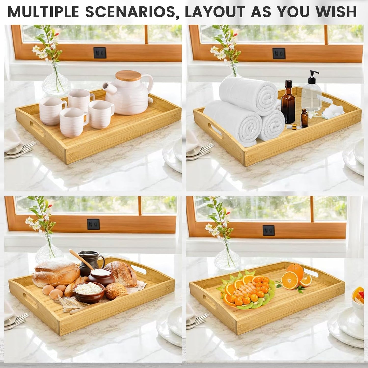 Bamboo Serving Tray with Handles Set of 2 - Decorative Wooden Trays for Eating, Working, and