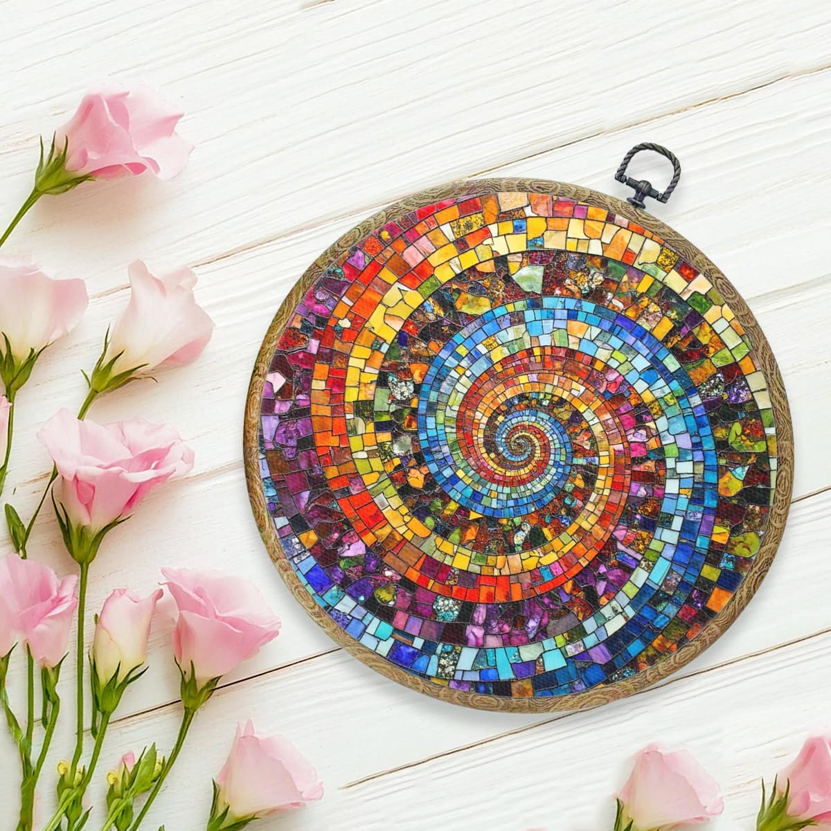 Colorful Glass Style Colorful Geometric Decoration Gift for Art Lovers Framed Round Wall Decor