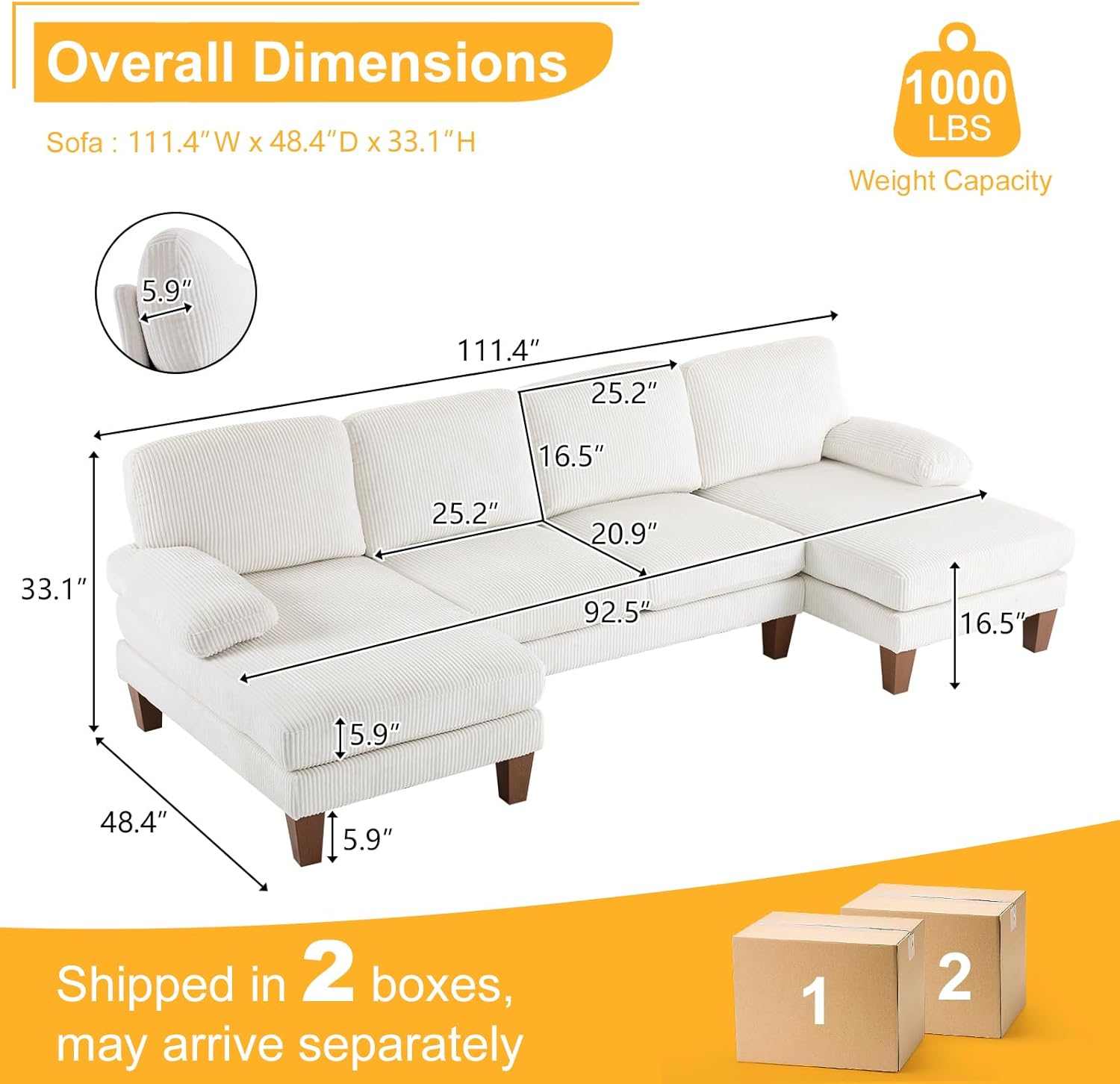 Karl home U-Shape Sectional Sofa Couch 111" Modern 4-Seat Sofa with Chaises Corduroy Fabric