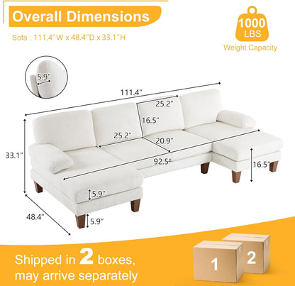 Karl home U-Shape Sectional Sofa Couch 111" Modern 4-Seat Sofa with Chaises Corduroy Fabric