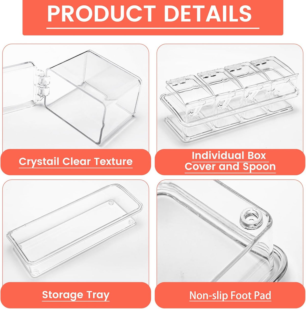 Clear Seasoning Box, 4 Piece Seasoning Rack Spice Pots, Plastic Storage Container Condiment Jars