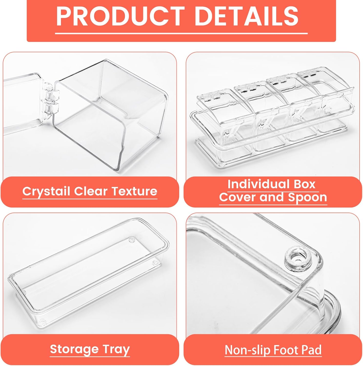 Clear Seasoning Box, 4 Piece Seasoning Rack Spice Pots, Plastic Storage Container Condiment Jars