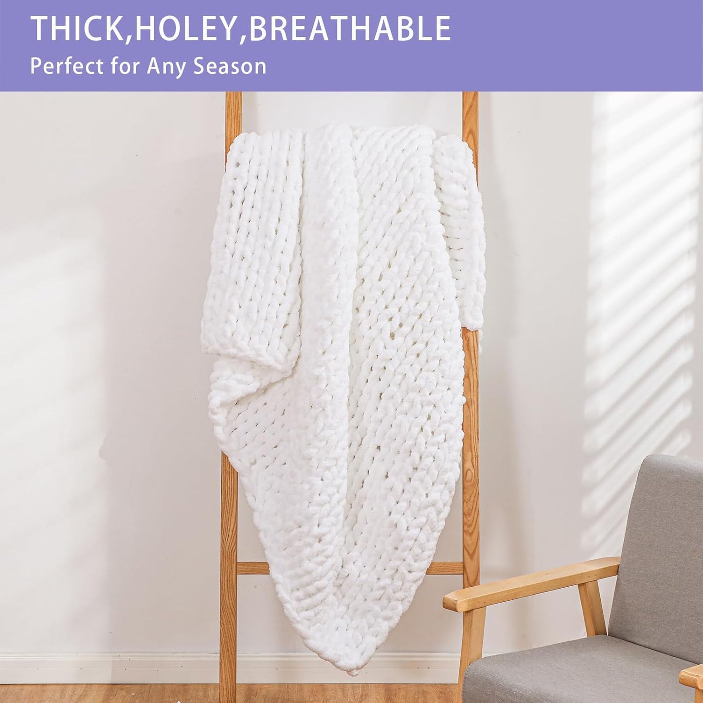 Bigacogo Chunky Knit Throw Blanket for Couch, 40x40 inches, 100% Hand Knitted with Thick Jumbo