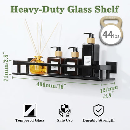 Alise Bathroom Glass Shelf with Stainless Steel Railing, Matte Black Small Tempered Glass Floating