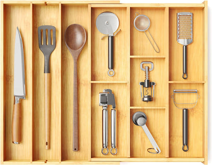 SpaceAid Bamboo Utensil Drawer Organizer with Labels, Kitchen Silverware Expandable Tray Holder