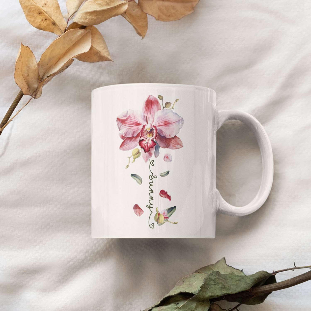 Novelty Coffee Cup With Orchid Design, Personalized Name Flower Accent Mug, Custom Orchid Flower