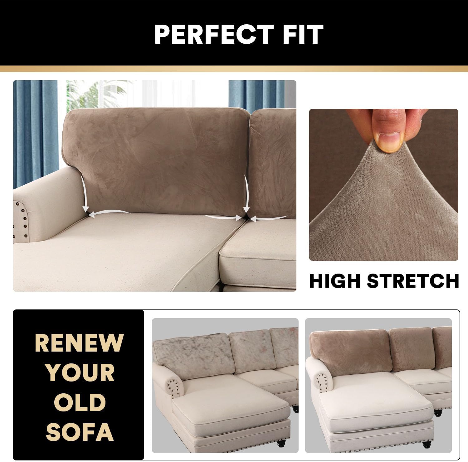 PrinceDeco Sectional Couch Covers Velvet Cushion Covers for Sectional Couch Washable Cushion Covers