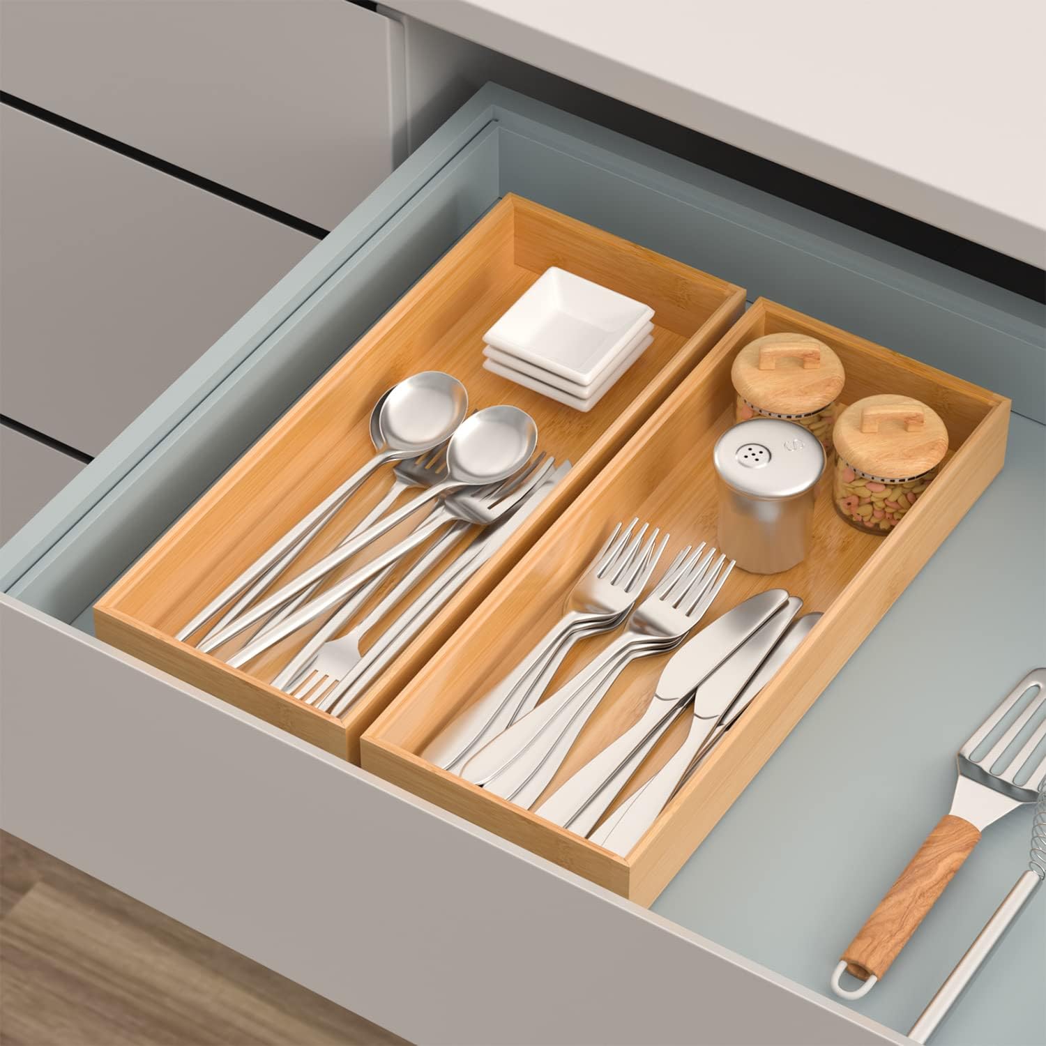 Bamboo Drawer Organizer, Stackable Utensil Organizer for Kitchen, Bamboo Storage Box Wood