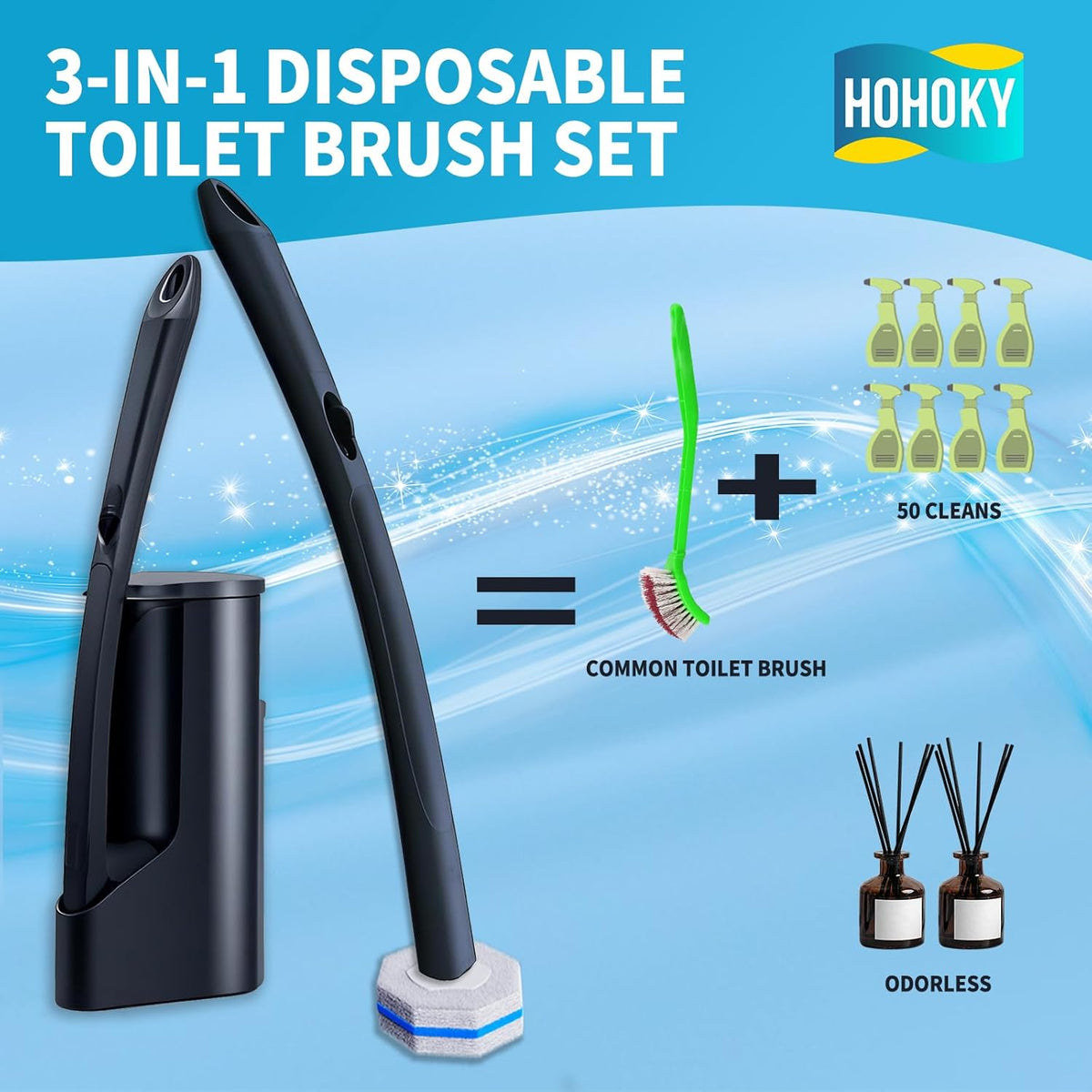 Disposable Toilet Brush with 50 Wand Cleaner Refills Pads，Wall Mounted Toilet Bowl Holder