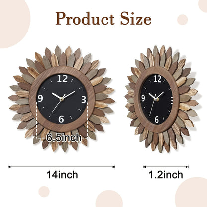 Honiway 14 Inch Wall Clock, Rustic Wood Boho Sunburst Decorative Wall Clocks Battery Operated