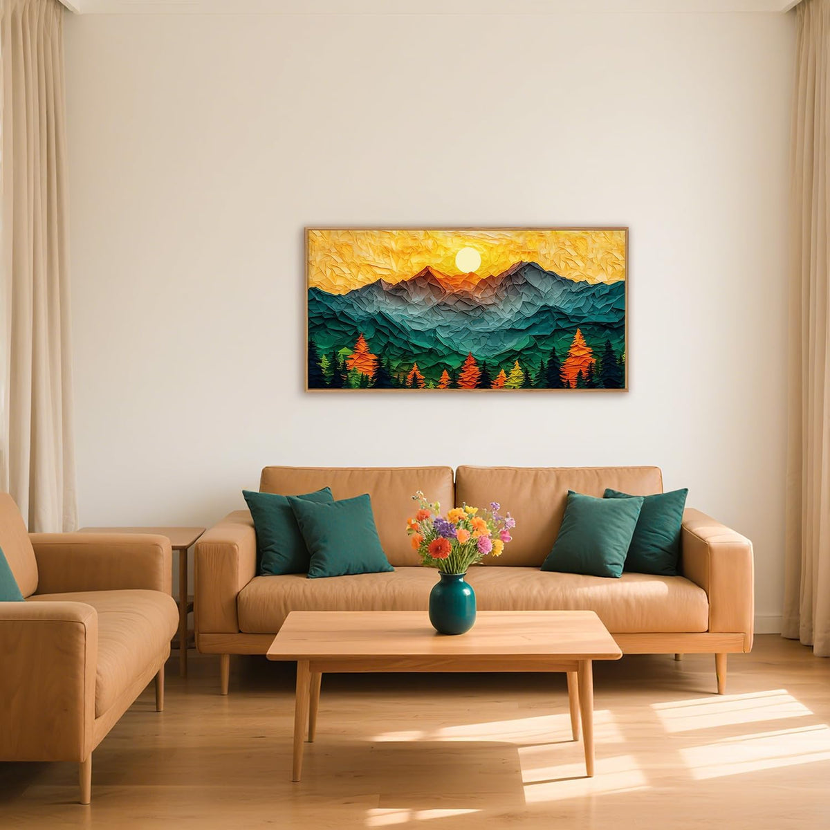 Abstract Sun Mountain Framed Canvas Wall Art Set, Forest Pine Tree Golden Sunset Wall Decor, Mixed