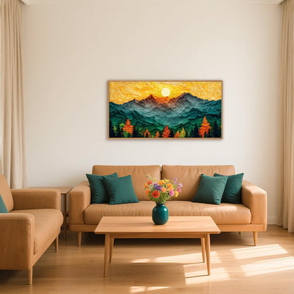 Abstract Sun Mountain Framed Canvas Wall Art Set, Forest Pine Tree Golden Sunset Wall Decor, Mixed