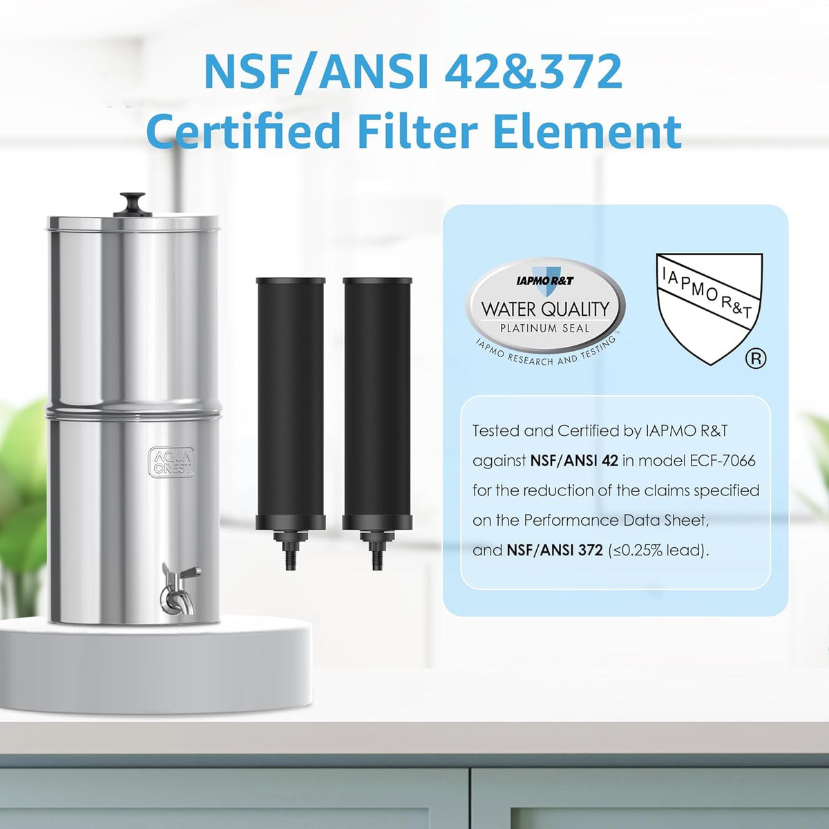 AQUA CREST Gravity Water Filter System, 304 Stainless Steel Countertop System with 4 Filters and