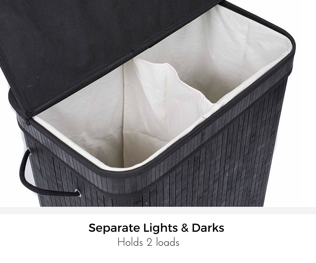 BIRDROCK HOME Double Laundry Hamper with Lid and Cloth Liner - Bamboo - Black - Easily Transport