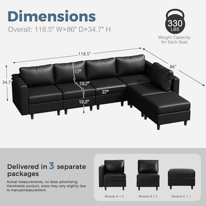 118.5" Faux Leather Modular Sectional Sofa, L Shaped Couch Set for Living Room, 6-Seater Comfy