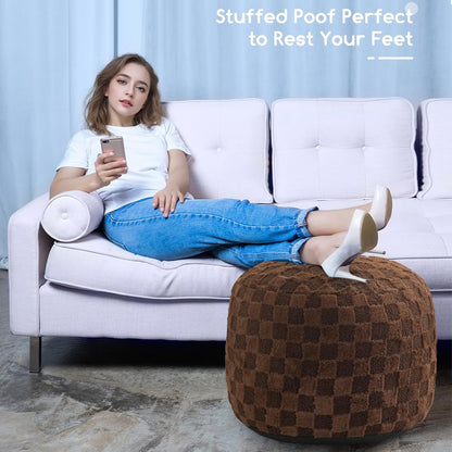 HIGOGOGO Round Stuffed Pouf Ottoman, Plaid Poufs with Foam Chunk Filling, Fluffy and Furry Pouf