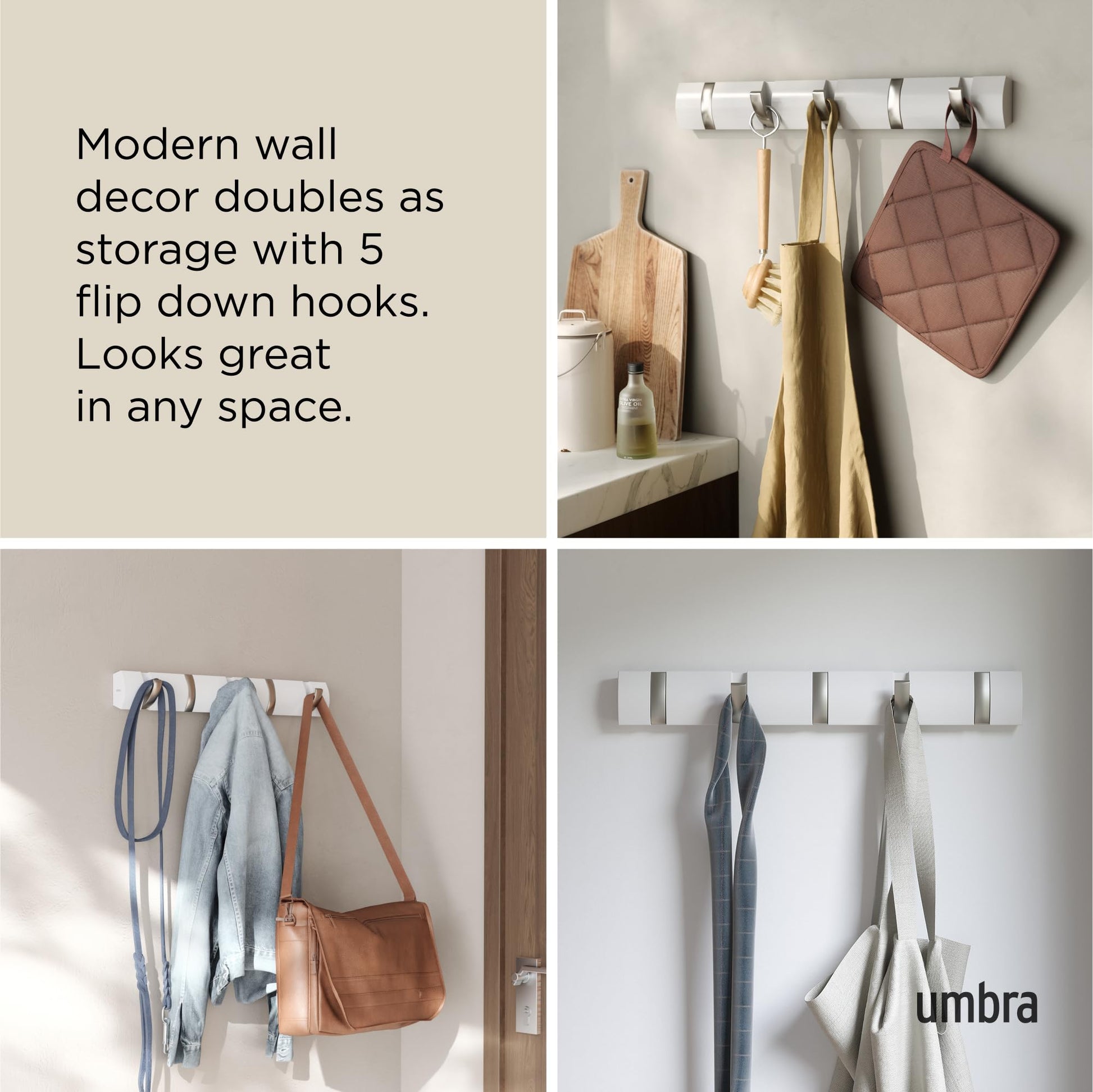 Umbra Flip Coat Rack, Wall Mounted 5-Hook Space Saving, White/Nickel