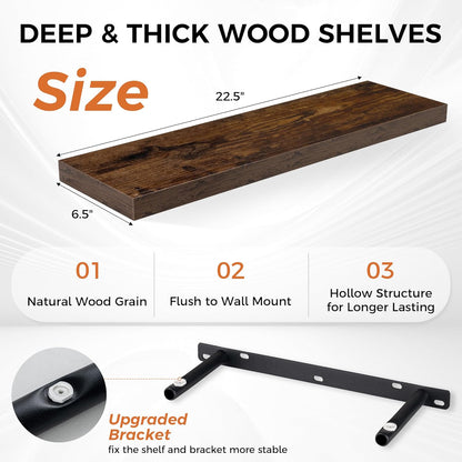 Fun Memories Floating Shelves for Wall, 22.5" Rustic Wood Deep Wall Mounted Shelves with Invisible