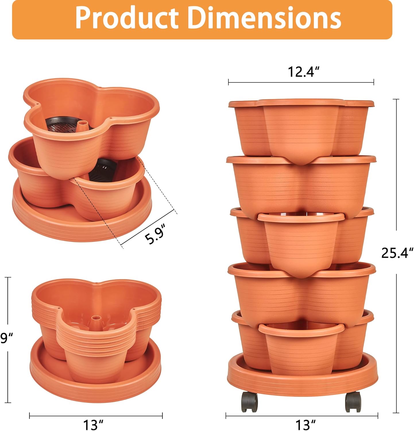 VECELO 5 Tier Vertical Garden Planter, Self Watering Stackable Planters with Wheels for