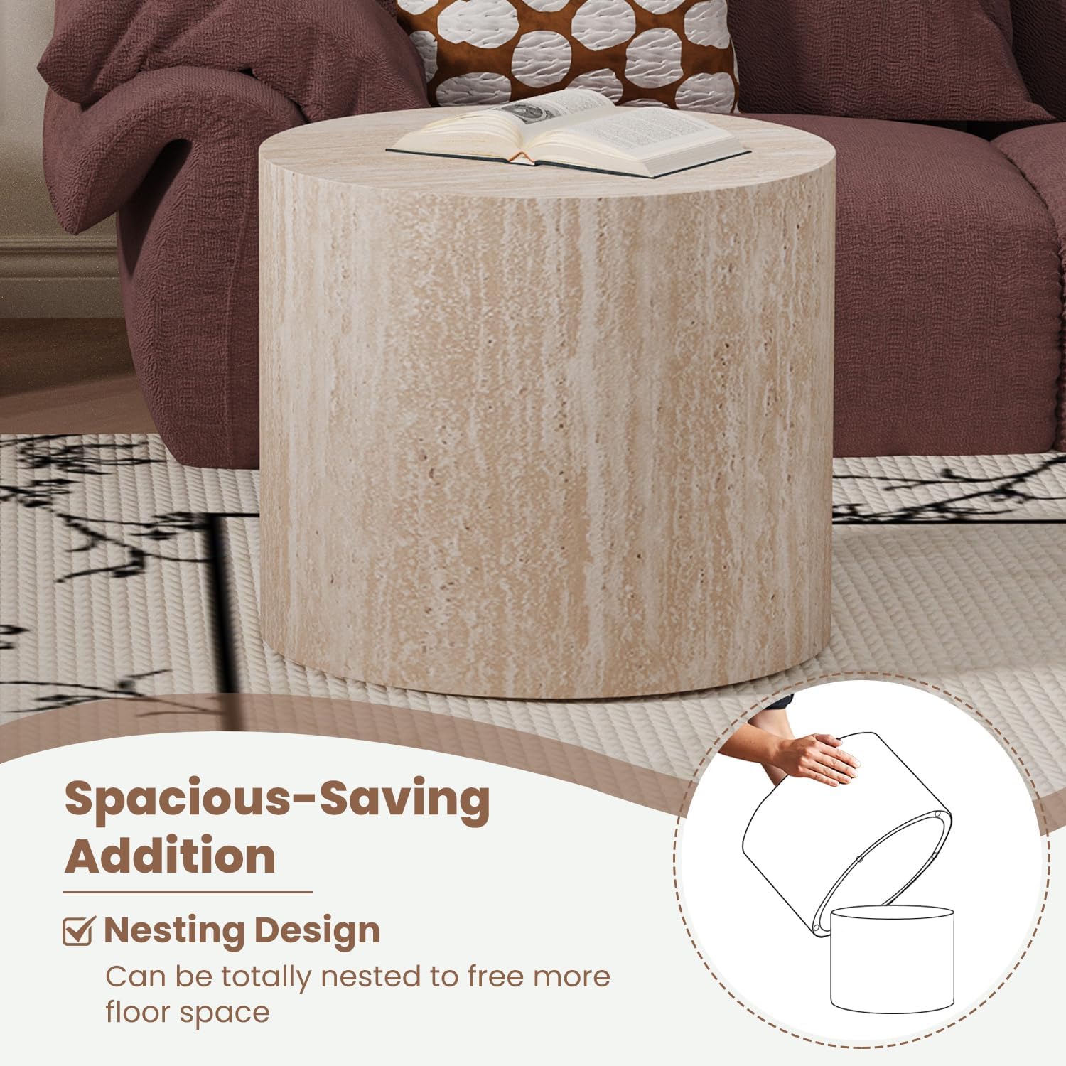 Round Nesting Coffee Table Set of 2 Modern Wood Coffee Tables Handcraft Drum Coffees Table