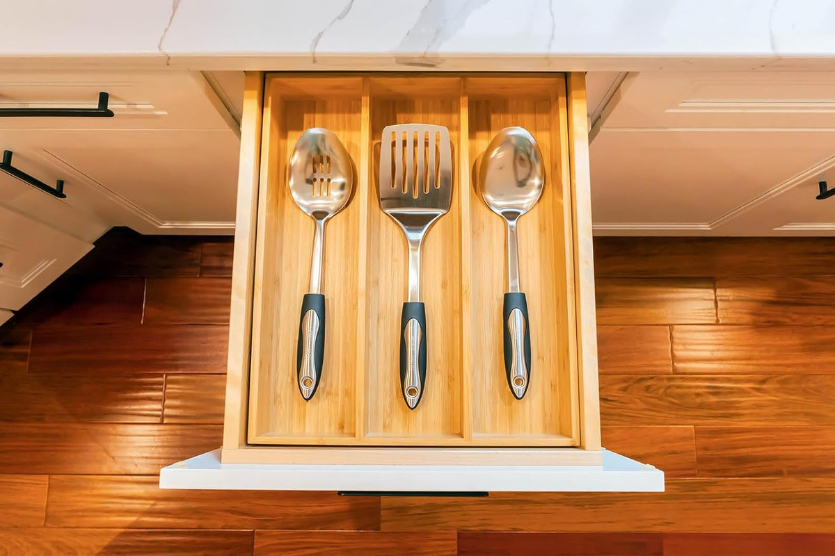 Umilife Bamboo Kitchen Utensils Organizer, 13 Inch Drawer Dividers for Silverware, Extra Deep