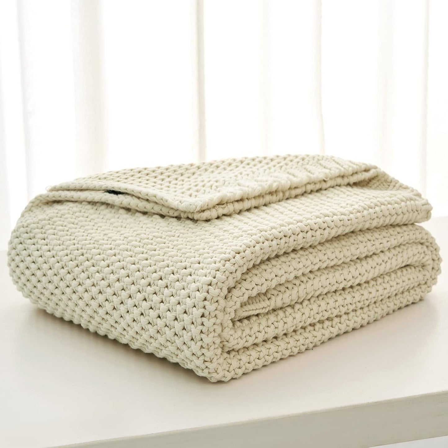 Longhui bedding Chunky Cable Knit Throw Blanket Lightweight Cream 100% Organic Cotton Blanket for