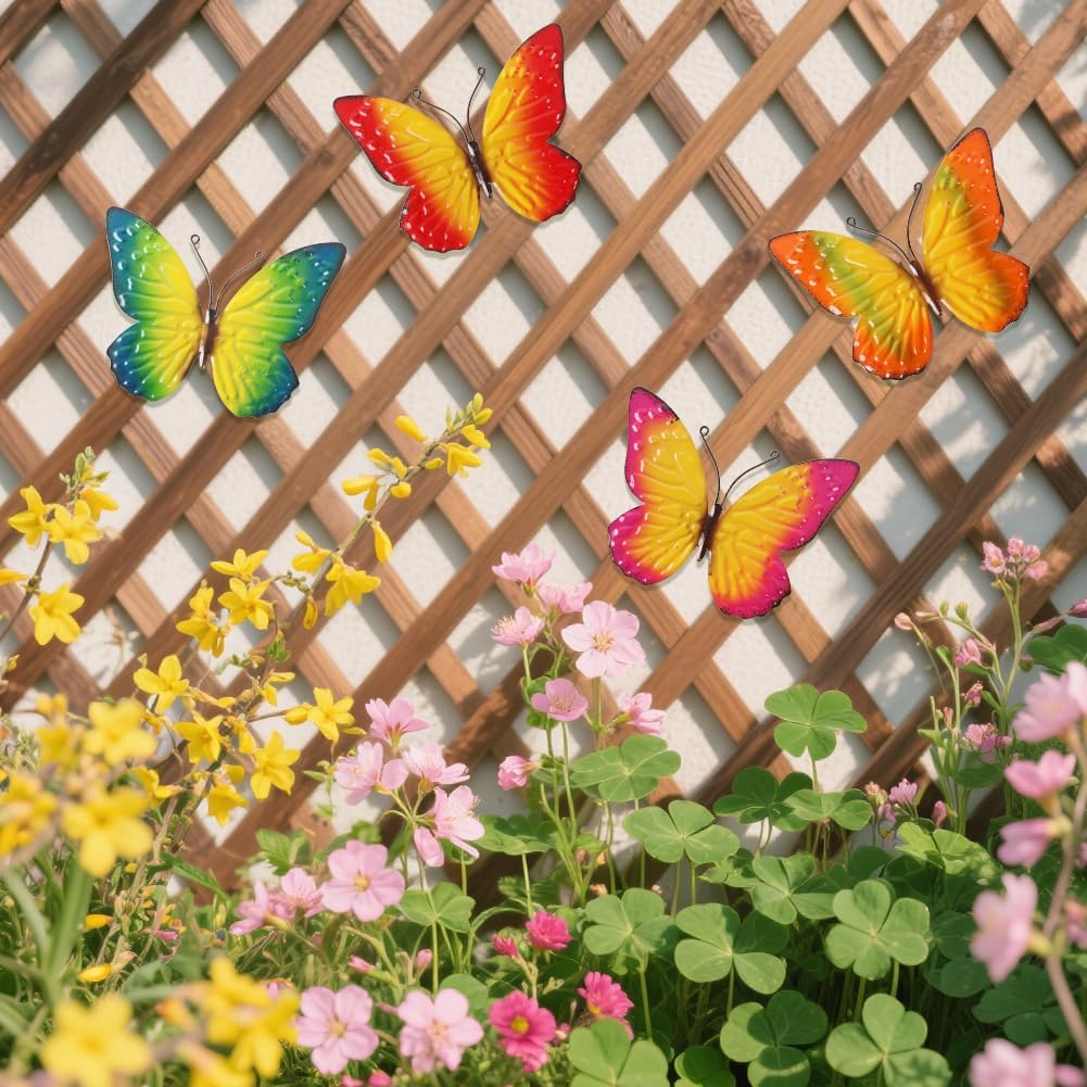 Metal Butterfly Wall Decor Art, 4 Pack Colorful Metal Butterflies Outdoor Wall Art, Hand Painted