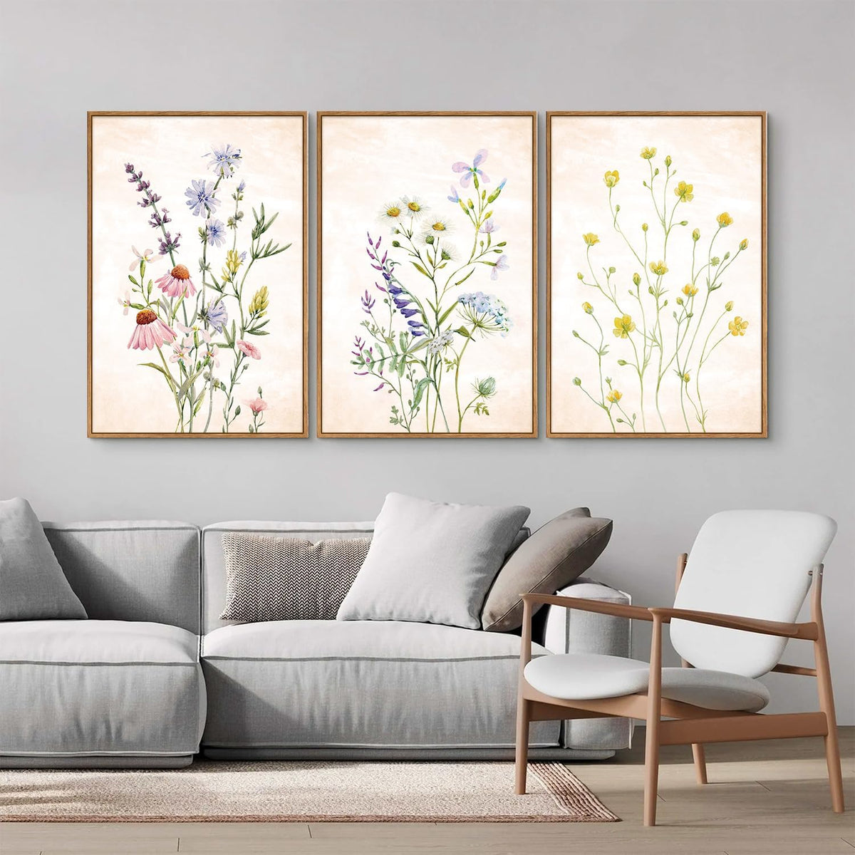 SIGNINART Watercolor Wildflower Framed Canvas Wall Art Set of 3, Boho Botanical Spring Floral Wall