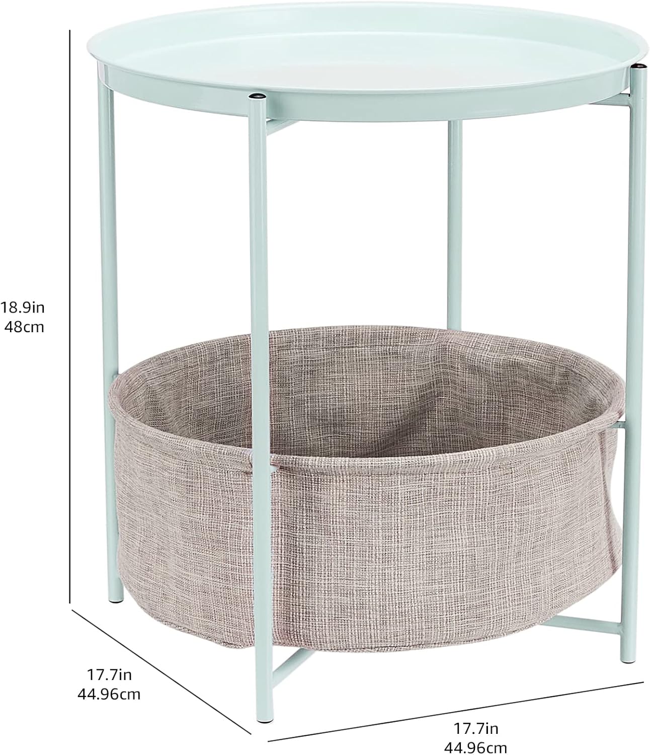 Amazon Basics Round Storage End Table, Side Table with Cloth Basket, Mint Green/Heather Gray, 18 in