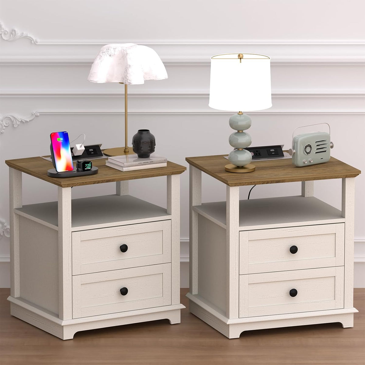 HIFYOBRO Large End Table Set of 2, Flip Top Charging Station and 2 Drawers, Type-C & USB Port &