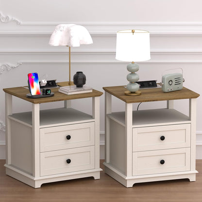 HIFYOBRO Large End Table Set of 2, Flip Top Charging Station and 2 Drawers, Type-C & USB Port &