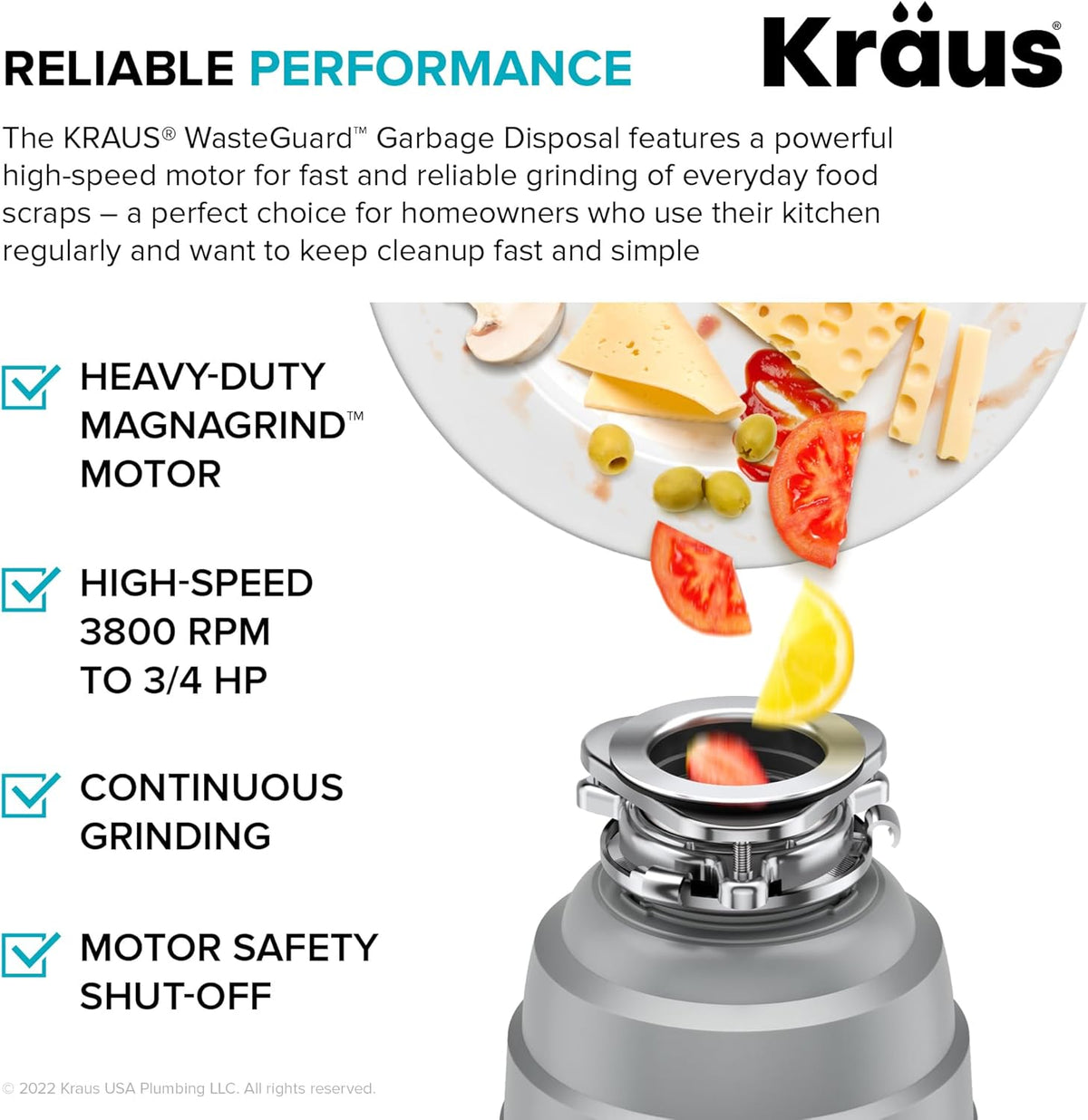KRAUS WasteGuard High-Speed 3/4 HP Continuous Feed Ultra-Quiet Motor Garbage Disposal with Power
