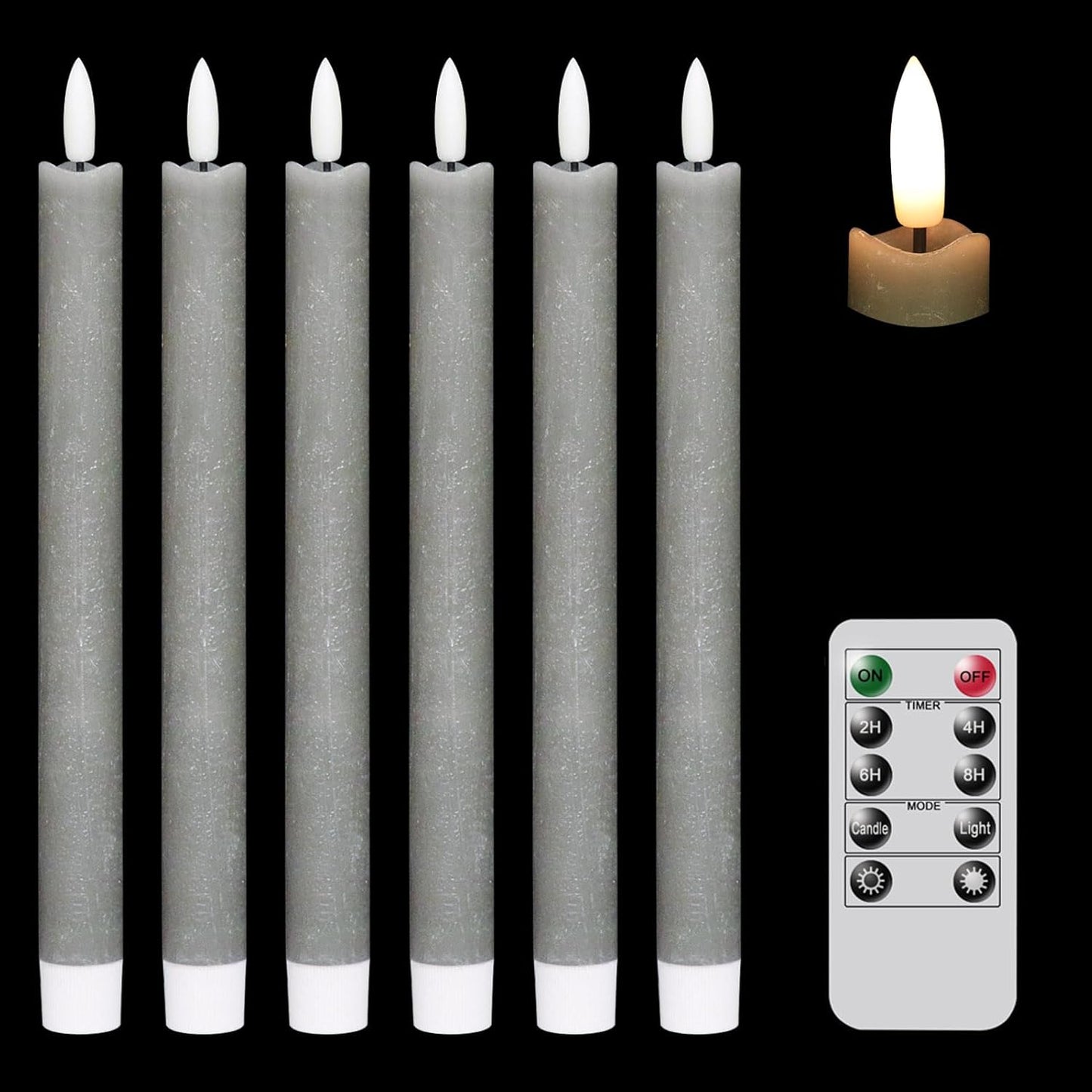 GenSwin Flameless Grey Taper Candles Flickering with 10-Key Remote, Battery Operated Led Warm 3D