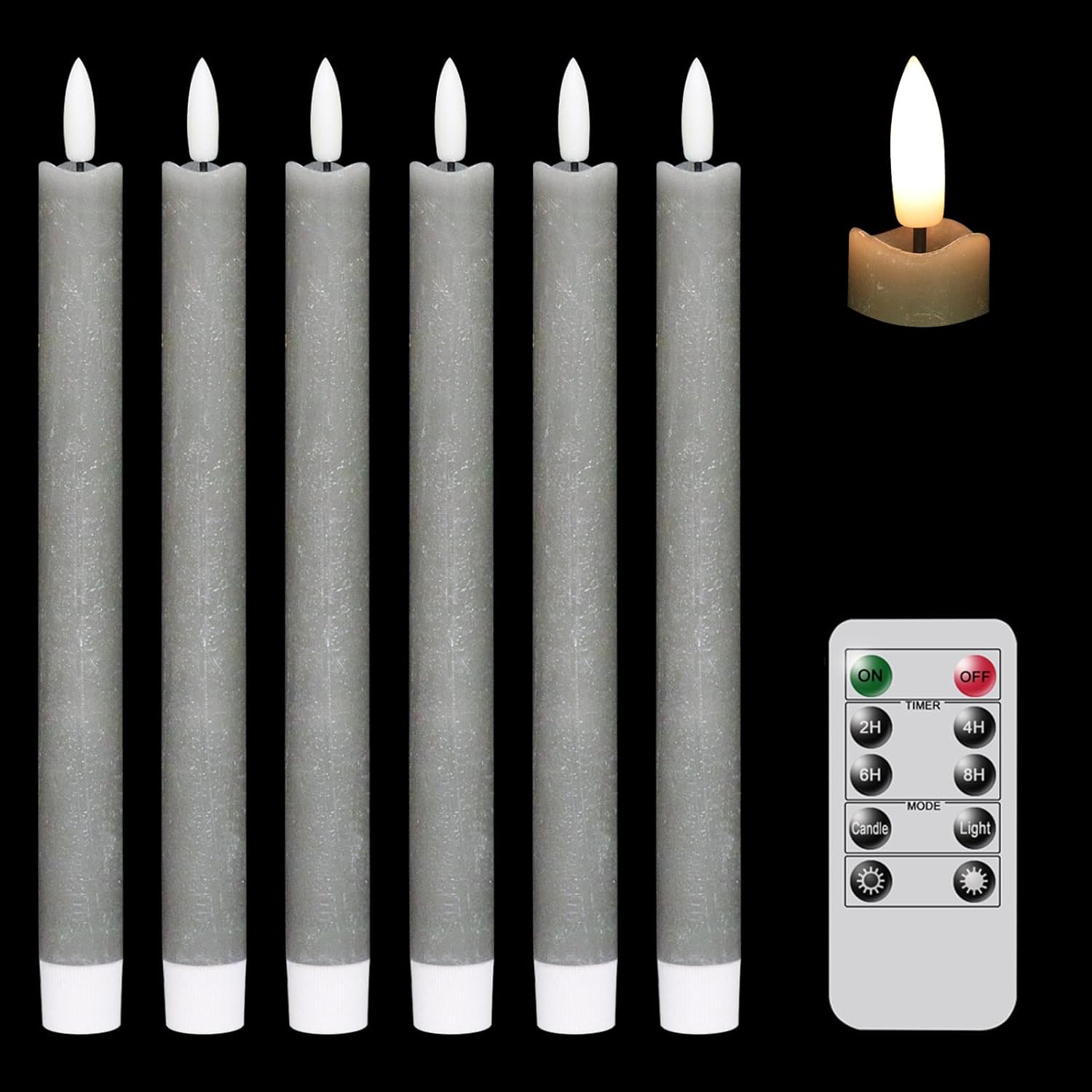 GenSwin Flameless Grey Taper Candles Flickering with 10-Key Remote, Battery Operated Led Warm 3D