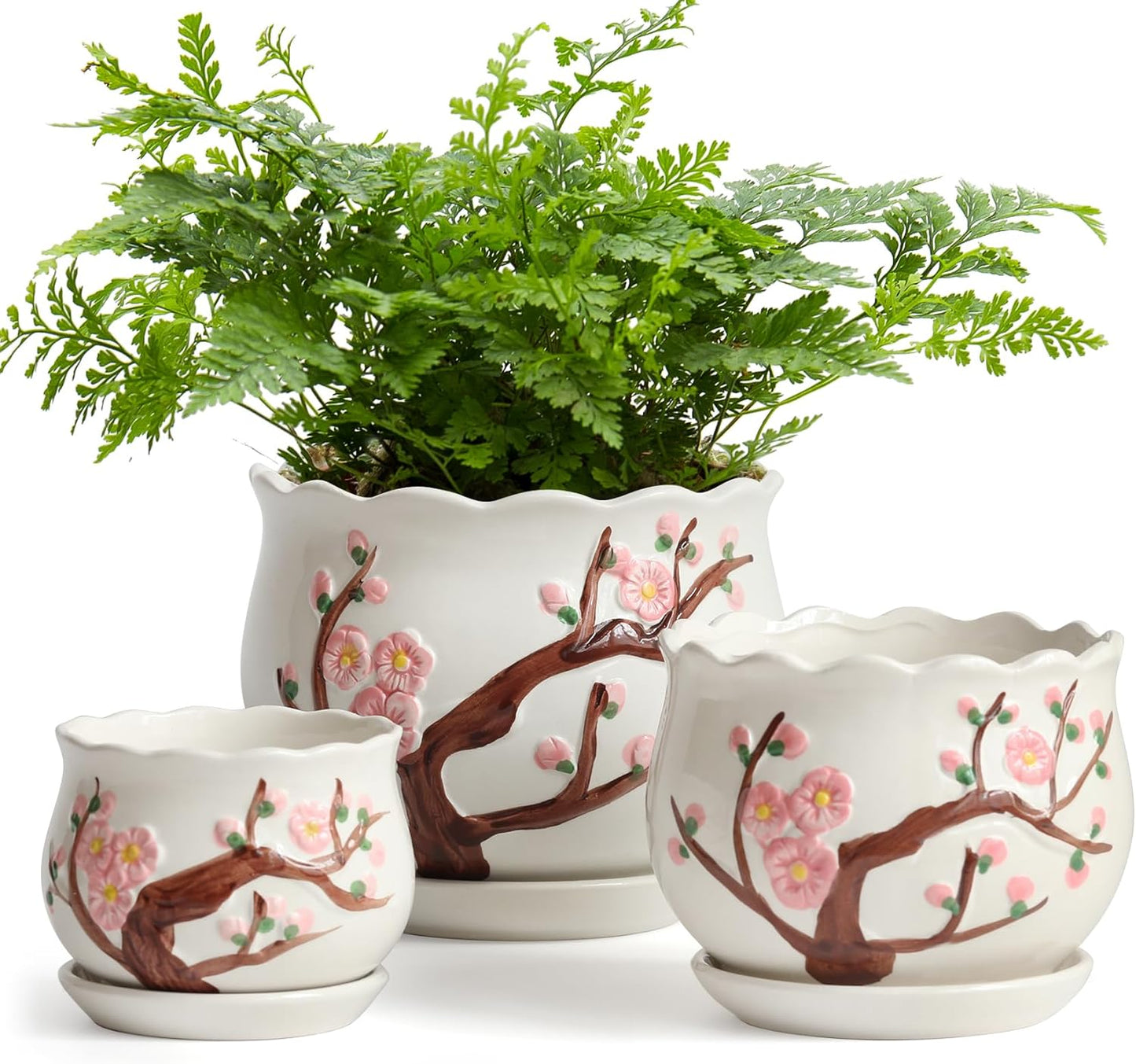Ceramic Plant Pots with Drainage Holes and Saucers, Round Flower Pots for Indoor Plant, 3.9/5.2/6.7