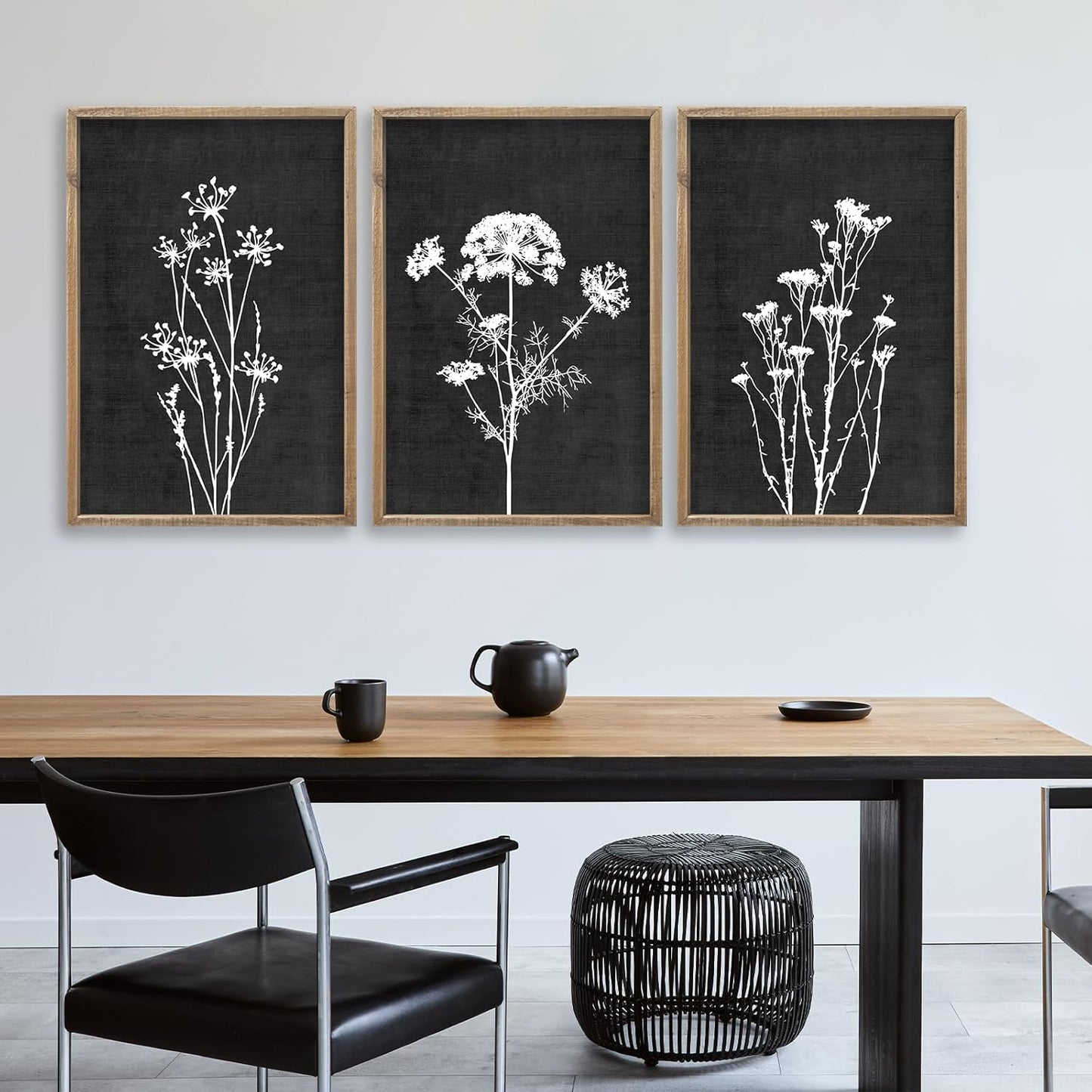 Flower Plant Wall Art Decor 16"x11" Set of 3 Black And White Botanical Painting Wood Framed For