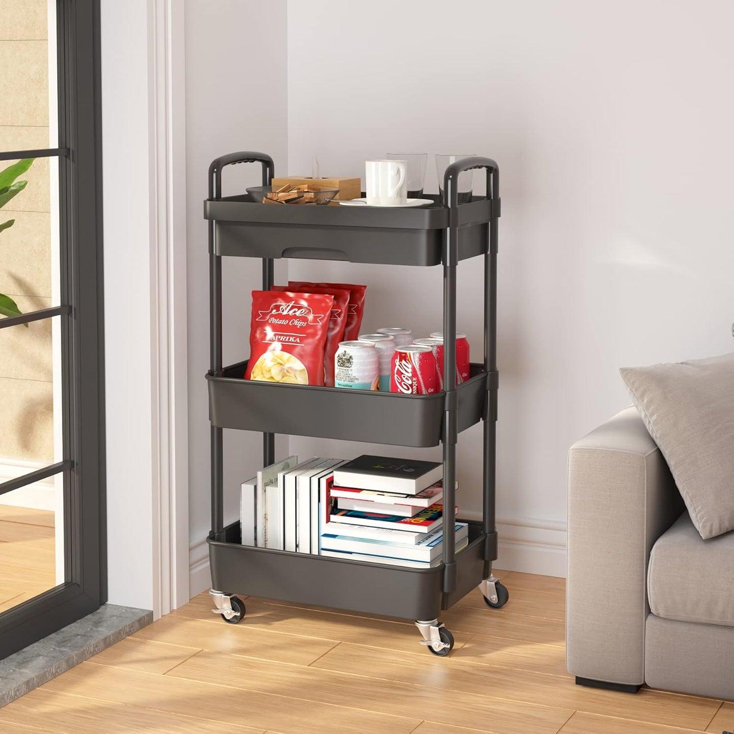 Calmootey 3-Tier Rolling Utility Cart with Drawer,Multifunctional Storage Organizer with Plastic