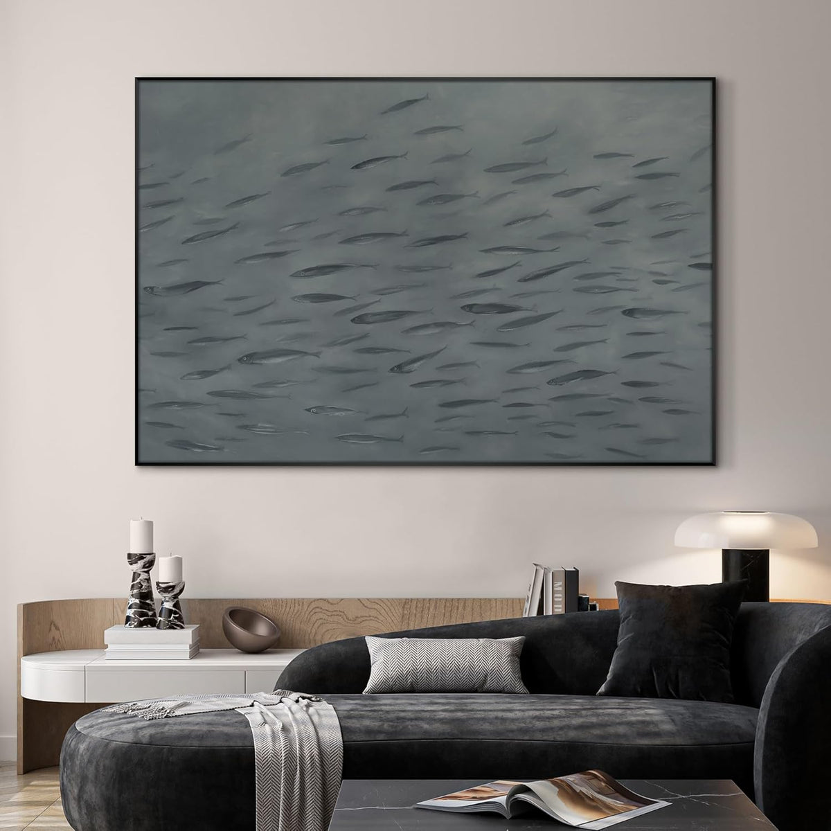 SIGNWIN 46"x72" Extra Large Framed Wall Art Gray School of Fish Minimalist Ocean-Inspired Marine