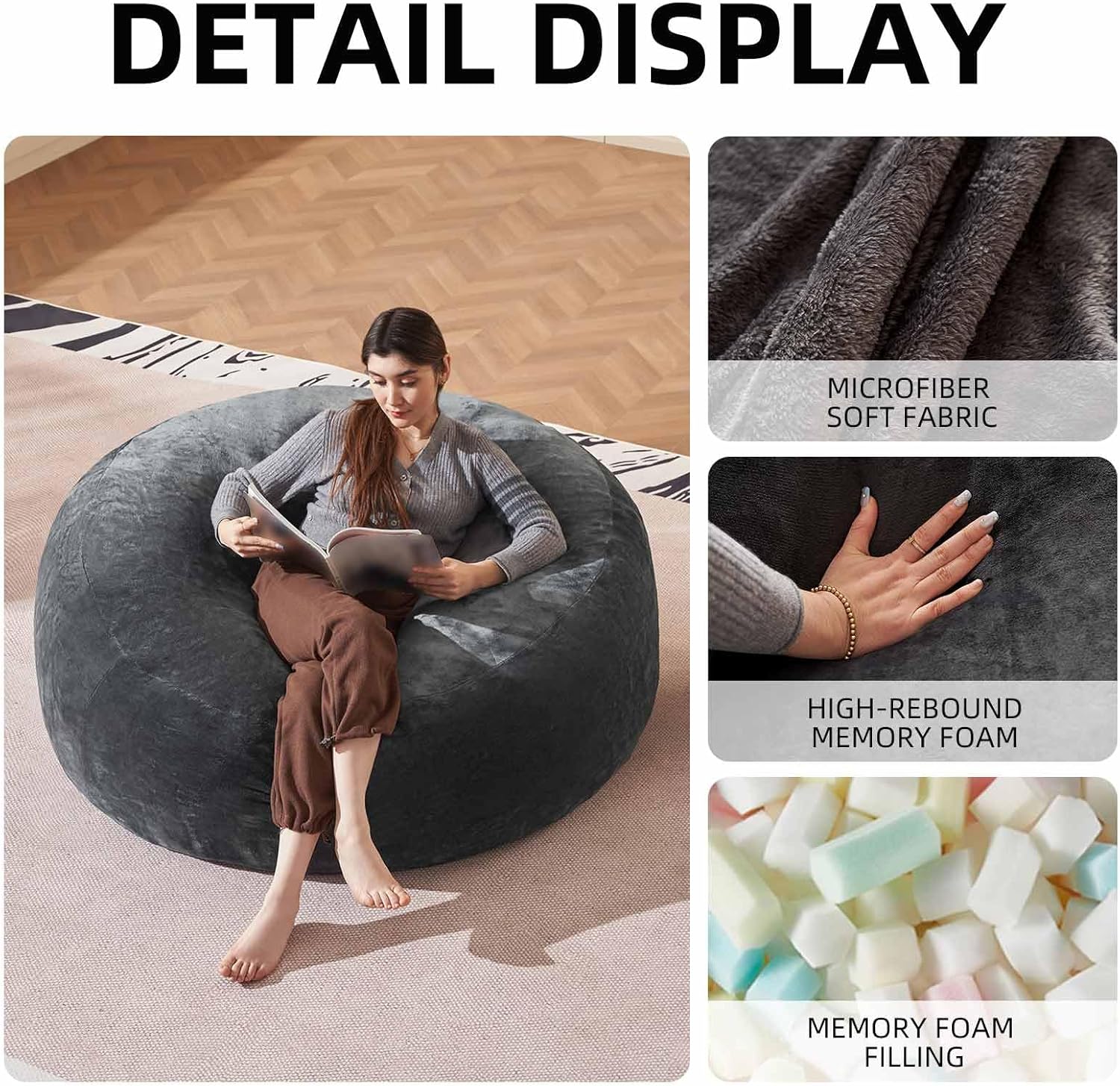Bean Bag Chair 4Ft, Memory Foam Filled, Large Beanbag Chairs for Adults and Teens, Soft Sofa with
