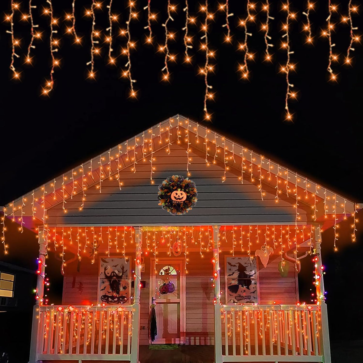 YEGUO 33ft 400 LED Orange Halloween Lights, Connetable Icicle Light Outdoor Waterproof, 8 Modes