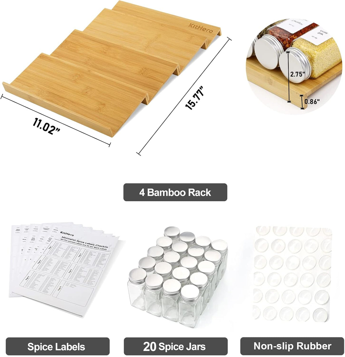 Spice Drawer Organizer with 20 Spice Jars,216 Labels,25 Non-slip Rubber, Bamboo 4 Tier Seasoning