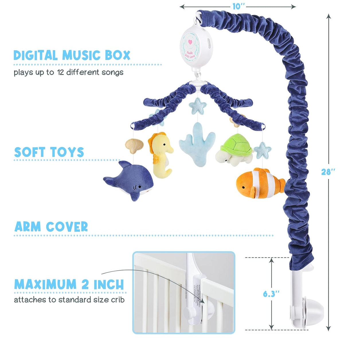 Ocean Animals Baby Crib Mobile - Musical Baby Mobile for Crib with 12 Lullabies for Boys & Girls