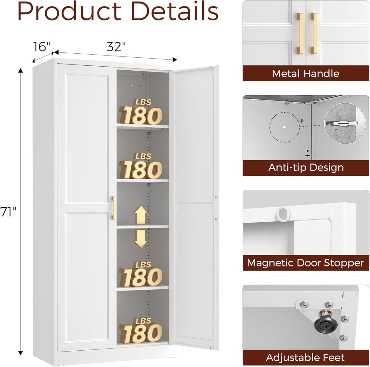 71" Tall Metal Pantry Cabinet, White Kitchen Pantry Storage Cabinet with 4 Adjustable Shelves and