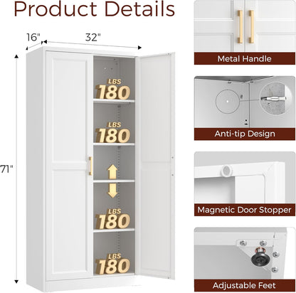 71" Tall Metal Pantry Cabinet, White Kitchen Pantry Storage Cabinet with 4 Adjustable Shelves and