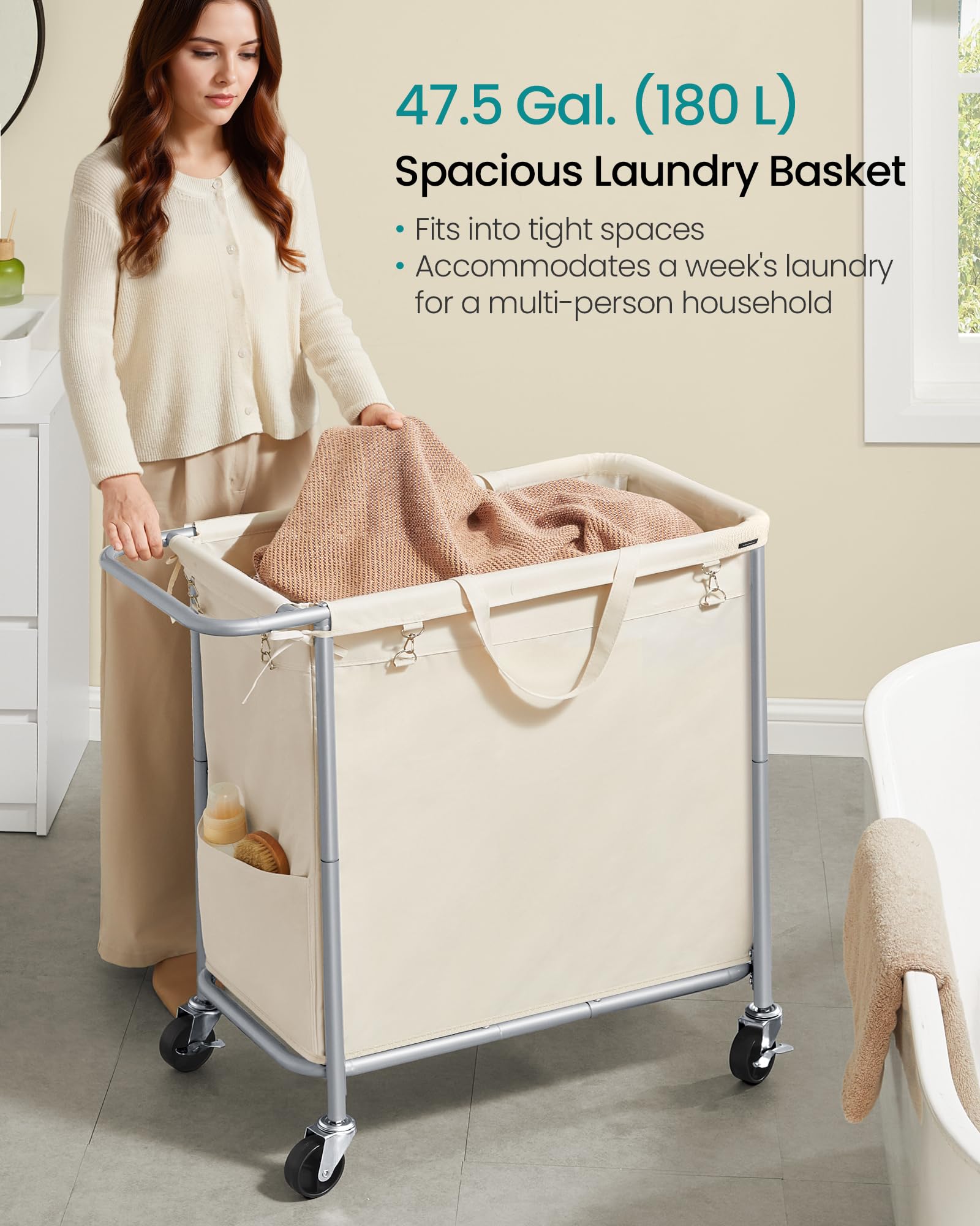 SONGMICS Laundry Basket with Wheels, Rolling Laundry Hamper, 47.5 Gallons (180 L), Removable Liner